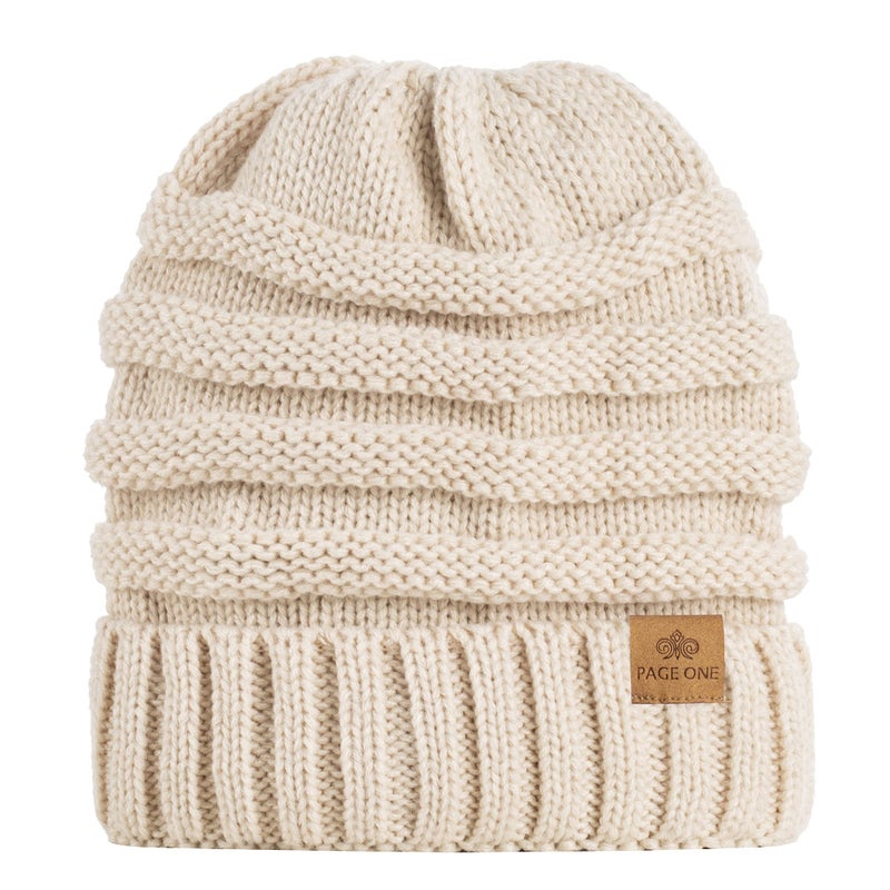 PAGE ONE Womens Winter Beanie Warm Cable Knit Hat Style Stretch Trendy Ribbed Chunky Cap Beige - Image 3